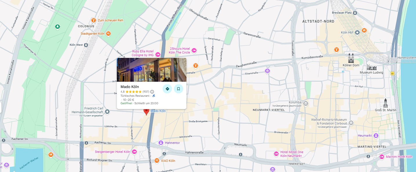 Mado Köln bei Google Maps, mit Bewertung und Standort