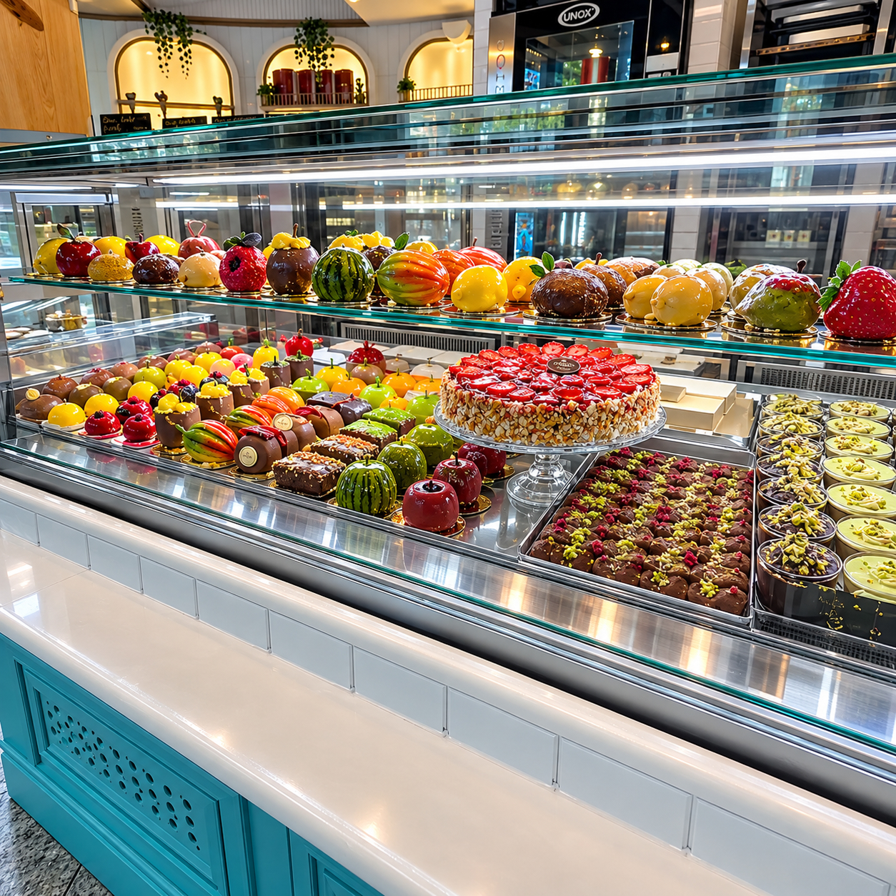 Dessert-Vitrine mit handgefertigten Konditorei-Kreationen